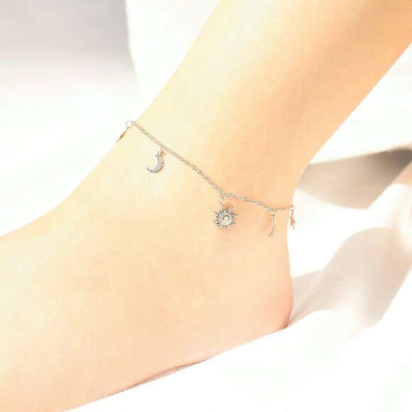 Silver Moon, Sun & Star Anklet - Waterproof, Tarnish-free, Hypoallergenic Luxury - Picture 2 of 3